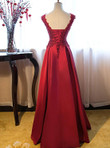 Dark Red Lace and Satin Long Junior Prom Dress, Lace Top Party Dress