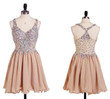 Champagne V-neckline Beaded Homecoming Dress, Cute Short Party Dress