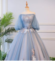 Beautiful Blue Tulle Off Shoulder with Lace Floral Long Party Dress, Cute Party Dress Prom Dress