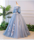 Beautiful Blue Tulle Off Shoulder with Lace Floral Long Party Dress, Cute Party Dress Prom Dress