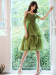 Beautiful Green Layers Beaded Straps Short Formal Dresses, Green Evening Dresses