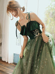 Beautiful Dark Green Straps Tulle with Velvet Party Dress, Green Evening Gown Prom Dress