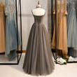 Beautiful Grey Beaded Straps Tulle Long Party Dress Formal Dress, Grey Evening Dress 2022