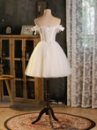Cute White Tulle Sweetheart Beaded Prom Dress, White Short Graduation Dresses