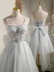 Sliver-Grey Beaded Tulle with Bow Short Party Dress, Grey Homecoming Dresses