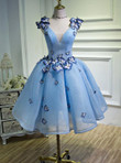 Blue Lovely Short Party Dress with Butterflies, V-neckline Short Prom Dresses