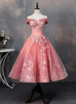 Lovely Off Shoulder PinK Tea Length Sweet 16 Dress, Prom Dress with Lace