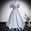 Blue-Grey Satin Short Sleeves Formal Party Dress, Satin Long Evening Dress