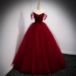 Wine Red Tulle Sweetheart Straps Beaded Prom Dress, Long Evening Gown Party Dress