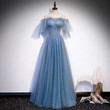 Blue Beaded Tulle Off Shoulder Long Evening Dress, A-line Tulle Prom Dress