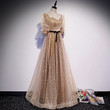 Beautiful Champagne Tulle Cap Sleeves Long Prom Dress, A-line Party Dresses
