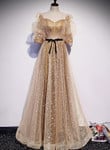 Beautiful Champagne Tulle Cap Sleeves Long Prom Dress, A-line Party Dresses
