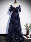 Navy Blue Tulle Short Sleeves Long Prom Party Dress, A-line Blue Bridesmaid Dresses