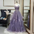Beautiful Purple Tulle Straps Long Evening Gown, Purple Party Dress Prom Dress