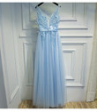 Blue V-neckline Tulle Long Prom Party Dress, Tulle with Lace Formal Dresses