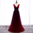Wine Red V-neckline Beaded Tulle Long Party Dress, A-line Gradient Prom Dress