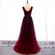 Wine Red V-neckline Beaded Tulle Long Party Dress, A-line Gradient Prom Dress