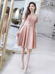 Pink Short Sleeves Knee Length Party Dress Formal Dress, Pink Homecoming Dresses