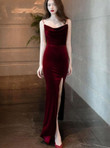 Wine Red Velvet Mermaid Long Party Dress with Slit, Burgundy Wedding Party Dress