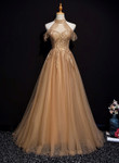 Champagne High Neckline Tulle Long Party Dress, A-line Open Back Prom Dress