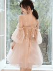Champagne Tulle Short Straps Knee Length Party Dress, Champagne Homecoming Dresses