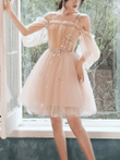 Champagne Tulle Short Straps Knee Length Party Dress, Champagne Homecoming Dresses