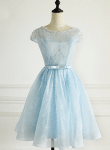 Light Blue Lace Knee Length Beaded Party Dress, Blue Homecoming Dresses