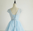 Light Blue Lace Knee Length Beaded Party Dress, Blue Homecoming Dresses