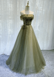 Light Green Tulle Off Shoulder Long Prom Dress, A-line Tulle Beaded Party Dress