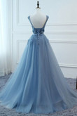Blue Tulle Lace Applique Long Party Dress, Blue Sweet 16 Gown