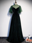 Green Puffy Sleeves Velvet A-line Long Party Dress, Dark Green Prom Dress