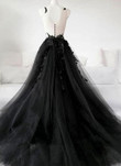 Black Lace Applique Top Tulle Long Party Dress with Slit, Black Prom Dresses