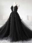 Black Lace Applique Top Tulle Long Party Dress with Slit, Black Prom Dresses