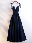 Navy Blue Straps V-neckline Velvet Long Party Dress, Floor Length Prom Dress