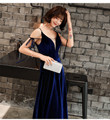 Navy Blue Straps V-neckline Velvet Long Party Dress, Floor Length Prom Dress