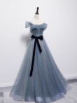 Tulle Off Shoulder Long Formal Dress with Bow, A-line Floor Length Prom Dress