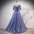 Blue Tulle Short Sleeves Lace-up Party Dress, Blue Formal Dress Prom Dresses