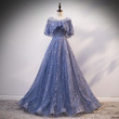 Blue Tulle Short Sleeves Lace-up Party Dress, Blue Formal Dress Prom Dresses