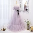 Lovely Light Purple Short Sleeves Tulle Gown with Bow, Lavender Party Dress