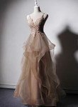 Beautiful Champagne Layers V-neckline Tulle with Lace Party Dress, Long Prom Dress