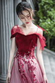 Wine Red Velvet Straps Long Party Dress, Tulle A-line Prom Dress