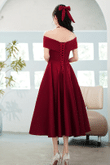 Wine Red Satin Tea Length Party Dress Homecoming Dress, Dark Red Party Dress