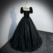 Black Short Sleeves Beaded Shiny Long Party Dress, Black Formal Dress