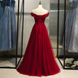 Dark Red Sequins Tulle Sweetheart Party Dress, A-line Off Shoulder Prom Dress