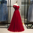 Dark Red Sequins Tulle Sweetheart Party Dress, A-line Off Shoulder Prom Dress