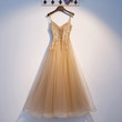 Champagne Tulle Long Party Dress with Lace Applique, Champagne Party Dress