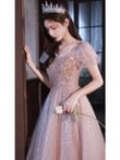 Pink Tulle with Lace and Beadings Long Party Dress, A-line Tulle Evening Dress