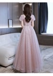 Pink Tulle with Lace and Beadings Long Party Dress, A-line Tulle Evening Dress