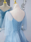 Blue Layers Tulle Straps Long Sweet 16 Dresses, Light Blue Formal Gown