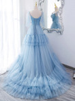 Blue Layers Tulle Straps Long Sweet 16 Dresses, Light Blue Formal Gown